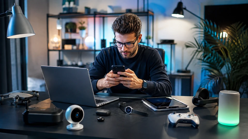 Journaliste high-tech consultant un smartphone devant un ordinateur portable entouré de gadgets connectés
