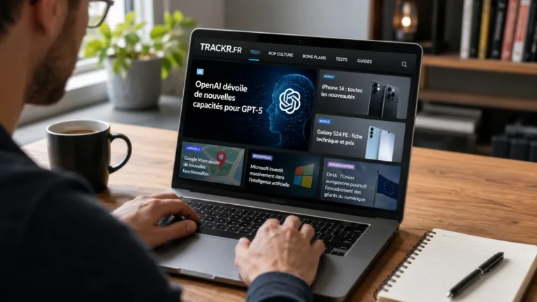 Lecteur consultant la rubrique Trackr.fr Tech consacrée aux actualités technologiques sur un ordinateur portable