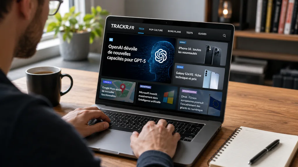 Lecteur consultant la rubrique Trackr.fr Tech consacrée aux actualités technologiques sur un ordinateur portable