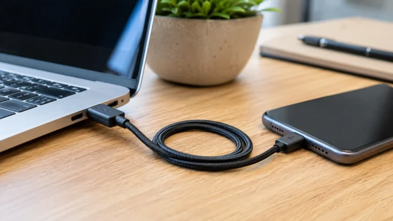 Câble USB-A vers USB-C reliant un ordinateur portable à un smartphone sur un bureau