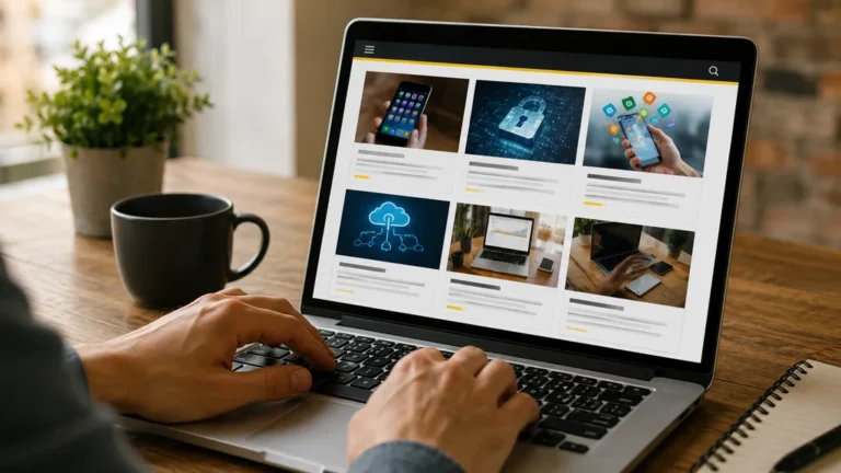 Internaute consultant des articles sur les outils web et les usages numériques depuis un ordinateur portable.