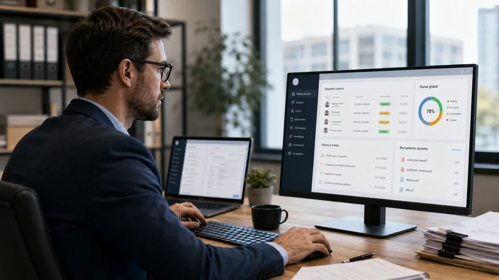 Professionnel consultant les tendances digitales et business sur un écran dans un bureau moderne
