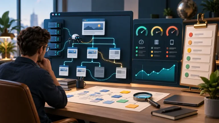 Un spécialiste examine l’architecture et les indicateurs d’un audit SEO
