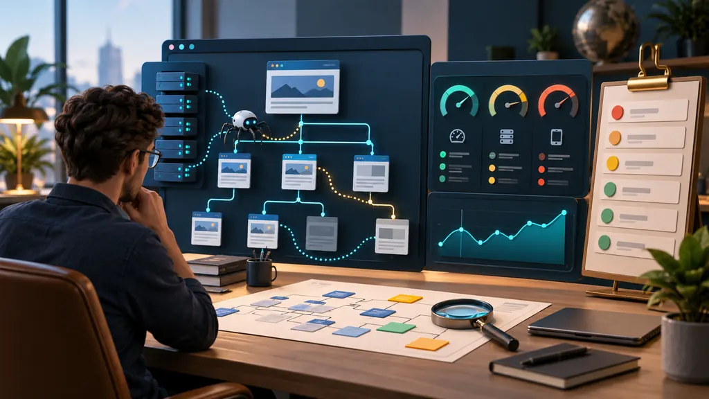 Un spécialiste examine l’architecture et les indicateurs d’un audit SEO