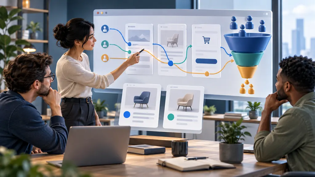 Une équipe analyse un parcours de conversion et un entonnoir marketing