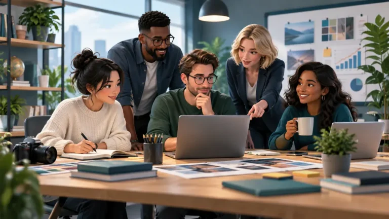 Plusieurs professionnels collaborent autour des métiers du marketing