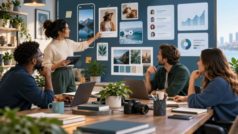 Une équipe planifie des contenus et analyse une stratégie sur les réseaux sociaux
