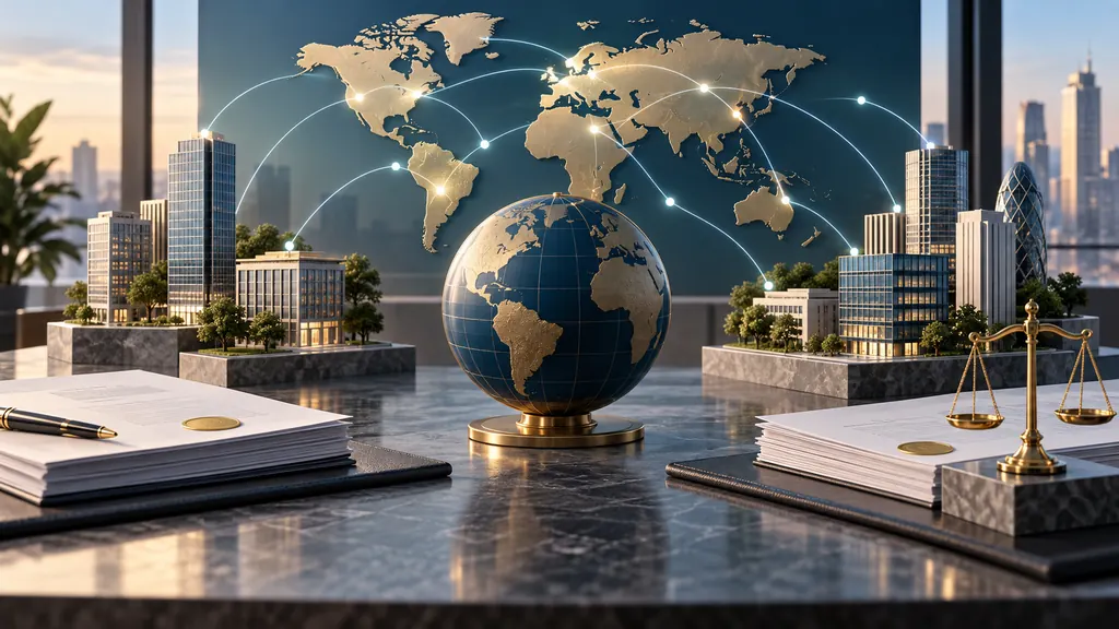 Une structure internationale est représentée par des bureaux reliés autour d’un globe