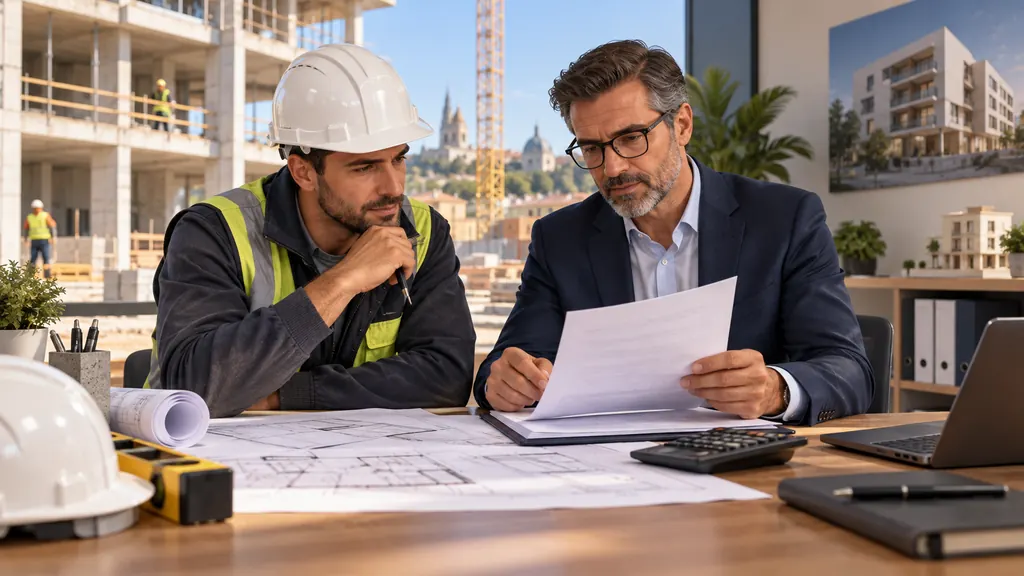 Un entrepreneur et un sous-traitant examinent plans et documents de TVA d’un chantier