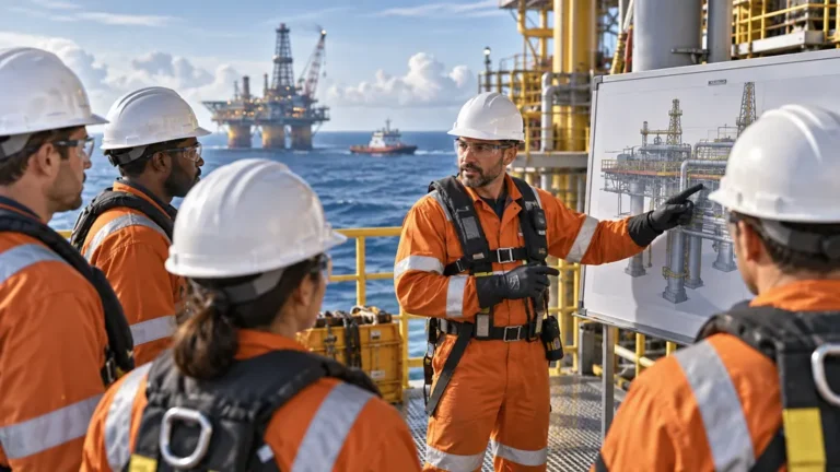 Des techniciens équipés échangent sur une plateforme pétrolière en mer