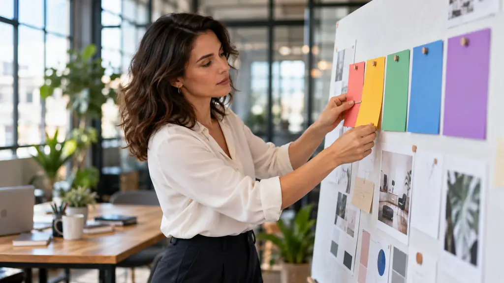 Responsable marketing organisant cinq axes d’une stratégie sur un tableau de planification