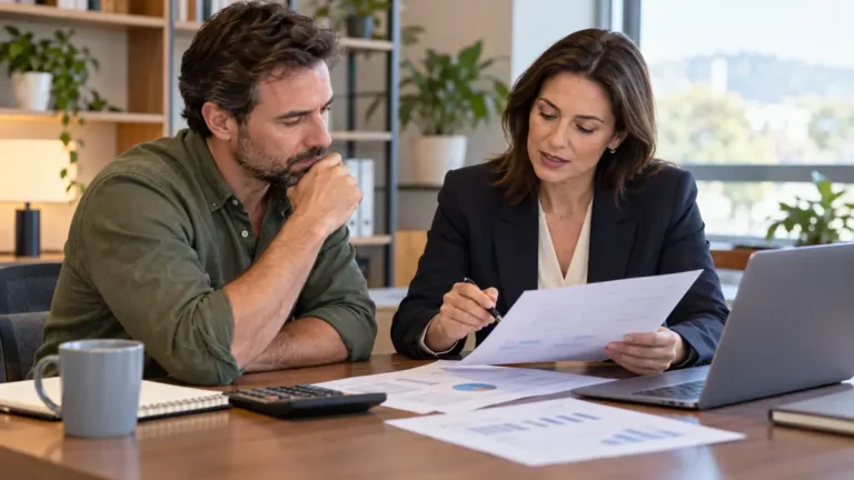 Dirigeante de PME examinant des documents de placement de trésorerie