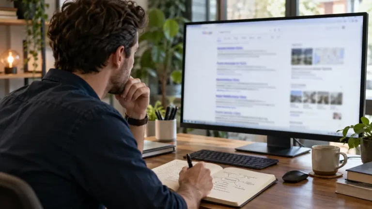 Spécialiste SEO examinant des résultats de recherche et des notes sur les mots-clés