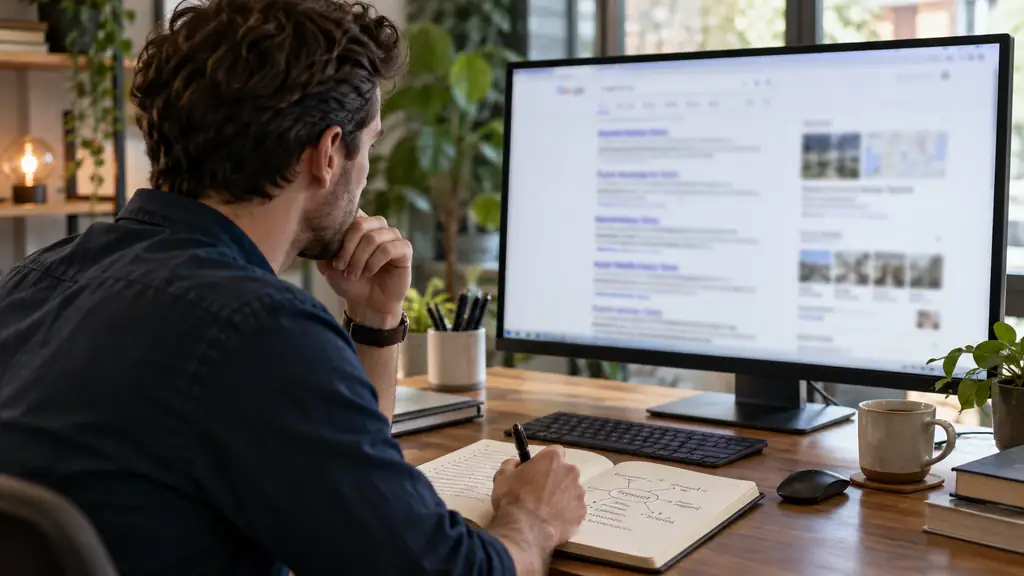 Spécialiste SEO examinant des résultats de recherche et des notes sur les mots-clés