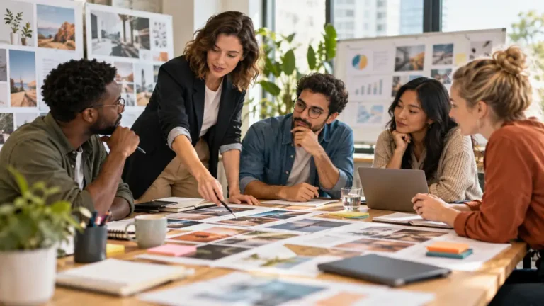 Équipe réunie pour coordonner une stratégie marketing et des actions de communication
