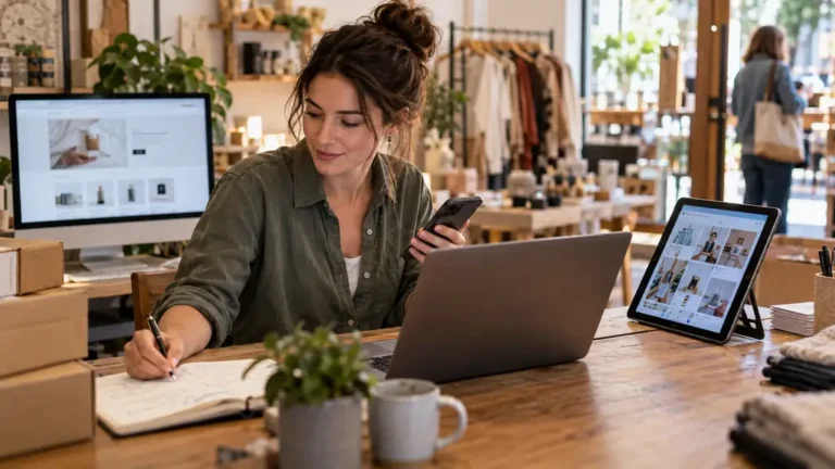 Commerçante coordonnant son site web, son téléphone et sa boutique physique