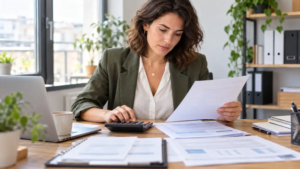 Facture professionnelle et calculatrice préparées pour vérifier un numéro de TVA